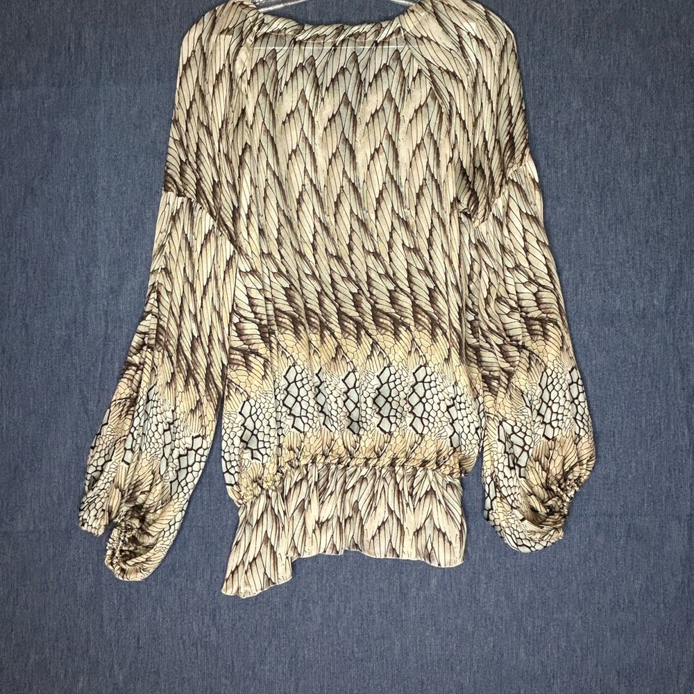 Roberto Cavalli Beige and Black Feather-Print Peasant Blouse - Picture 2 of 11